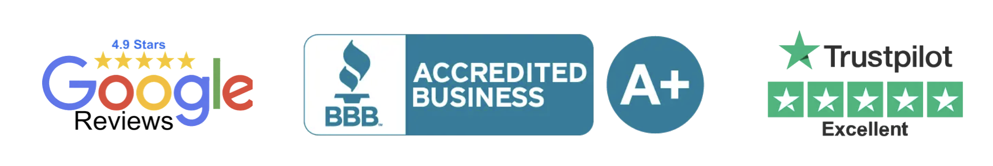 Google Reviews, BBB Accredited A+, Trustpilot Excellent